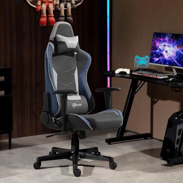 Крісло ігрове Vinsetto Ergonomic з регулюванням висоти, підголівником та поперековою підтримкою, блакитне