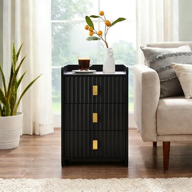 Нічний столик з 3 шухлядами, дерев'яний, з різьбленою передньою частиною, чорний. Нічний столик для спальні, вітальні, легко збирається.