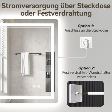 Дзеркало для ванної кімнати зі світлодіодним підсвічуванням 70x50 см, LED Smart дзеркало, антизапар, 3 кольори, регулювання яскравості, горизонтальне/вертикальне кріплення