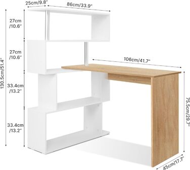Г-подібний комп'ютерний стіл Meerveil з книжковою полицею, 157x45x130.5 см