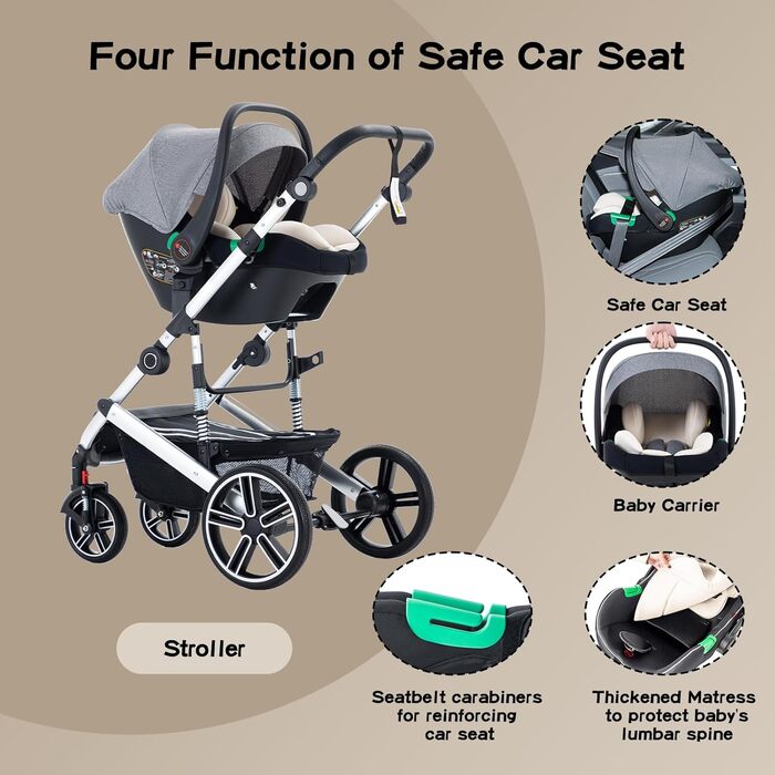 Дитяча коляска 3 в 1, система подорожей з автокріслом, візок з регульованими підлокітниками, комбінована коляска з дощовиком, москітна сітка, алюмінієвий каркас, прогулянкова коляска для 0-4 роки, чорний (SK21-Blau)