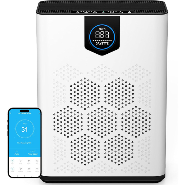 Повітряочисник для алергіків та курців, 120 м², з HEPA фільтрами, CADR 350 м³/год, керування через додаток, тиха робота 22 dB