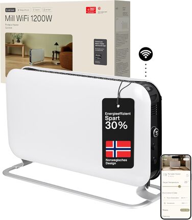 Електричний конвекторний обігрівач Mill 1200W, 14-18 м², WiFi, енергозберігаючий, білий