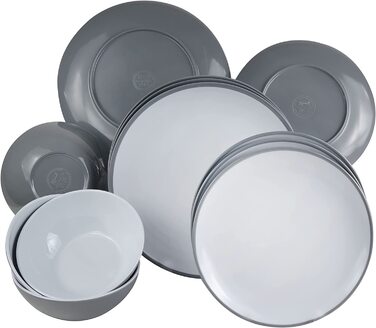 Набір меламінового посуду на 4 персони - 16 предметів - сіро-білий - з питним склом сірий 300мл Кемпінговий посуд Кемпінговий посуд 16 предметів - Склянка для пиття сіра 300мл