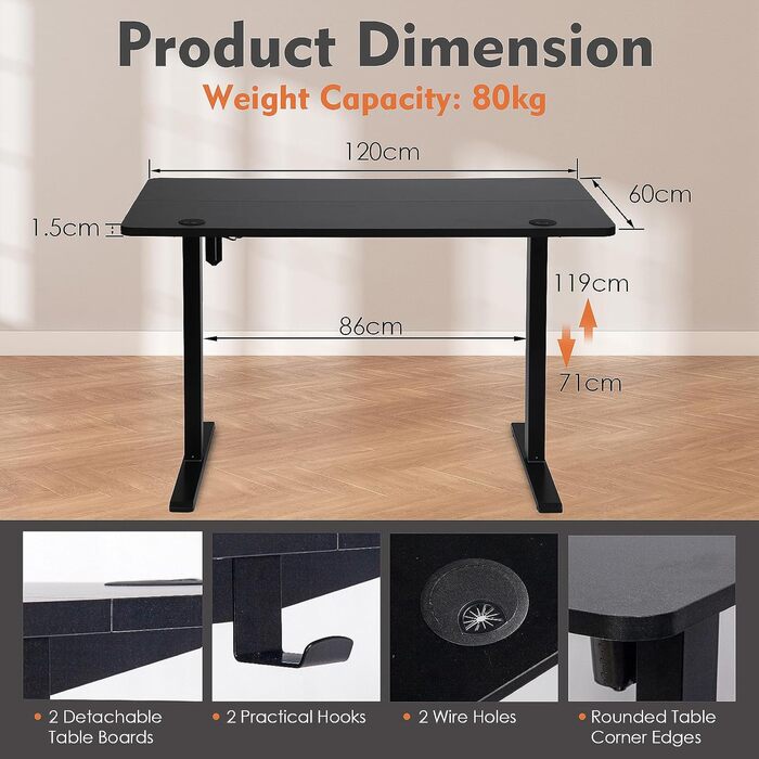 PACHIRA Електричний регульований стіл, 120x60 см, з пам'яттю та LED-дисплеєм, з гачком та кабелеуправлінням, ергономічний для дому/офісу, білий/чорний