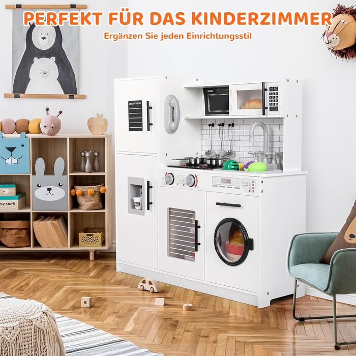 Дерев'яна дитяча кухня MAMIZO з підсвіткою та звуком, 82x80x25 см. Комплект іграшок для дітей від 3 років, біла