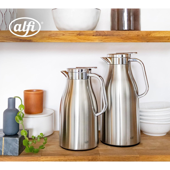 Термос Alfi SKYLINE 1,5л з нержавіючої сталі з вбудованим скляним вкладишем, поворотний замок з зручною кнопкою, ергономічна ручка, для використання однією рукою, ідеальний як кавоварка