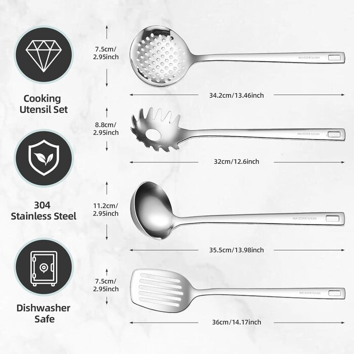 Набір кухонного інвентарю з нержавіючої сталі, 4 шт. Лопатки, ложки, лопатки для воку, кухонний інвентар (безпечний для миття в посудомийній машині)