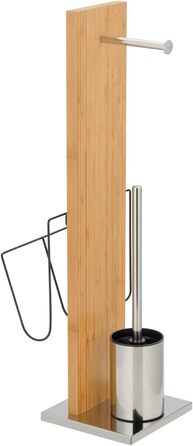 Набір для стоячого унітазу WENKO Portofino з тримачем для газет, тримачем для туалетного рулону та тримачем для щітки, виготовлений зі справжнього бамбука та нержавіючої сталі, 24,5 x 68 x 22,5 см, коричневий бамбук, срібло