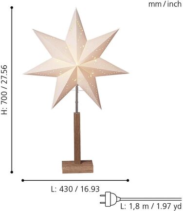 Настільна лампа EGLO з різдвяною зіркою, декоративна зірка з підсвічуванням з паперу з дерев'яною основою, 3D зірка для освітлення вікон, що стоїть в білому кольорі з кабелем, E14 (висота 70 см, одинарна)