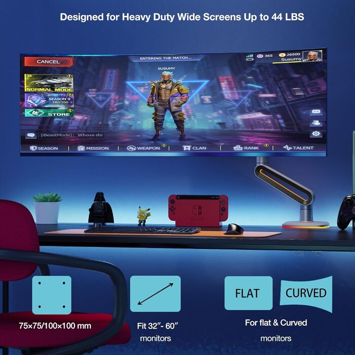 Кріплення для монітора NB Ergonomic RGB, сумісне з моніторами 32-60 дюймів, вантажопідйомність до 20 кг, чорний
