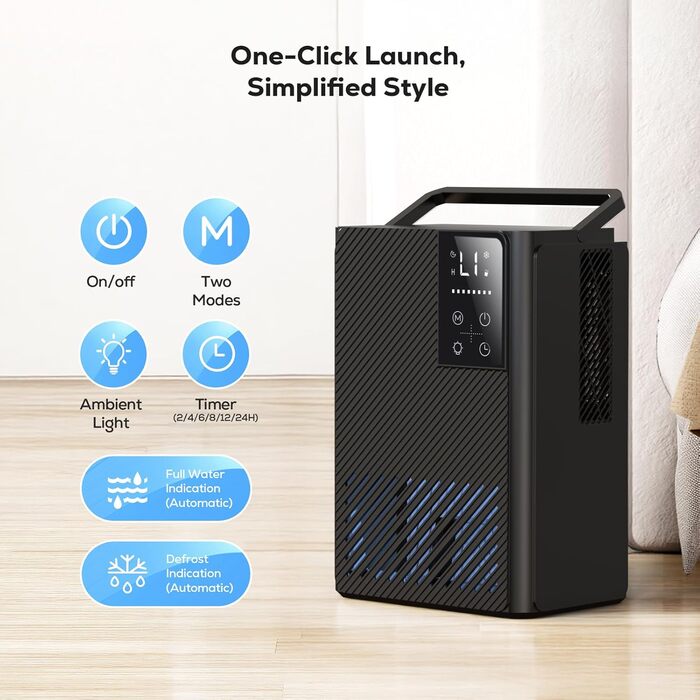 Електричний осушувач повітря 2500 мл з автоматичним вимкненням та системою відтавання, 7 кольорів підсвічування, тихий осушувач для дому, портативний, білий (чорний)