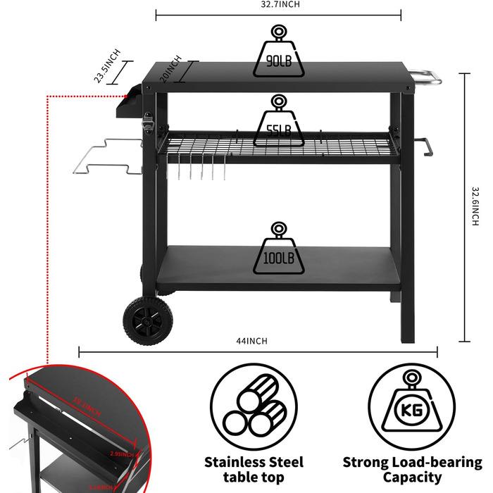Столик для гриля з великою робочою поверхнею | Гриль-бічне столик, вуличний гриль-тролей, гриль-стіл для вулиці, стільниця з нержавіючої сталі для саду (сріблястий/чорний, 112*59*82 см)
