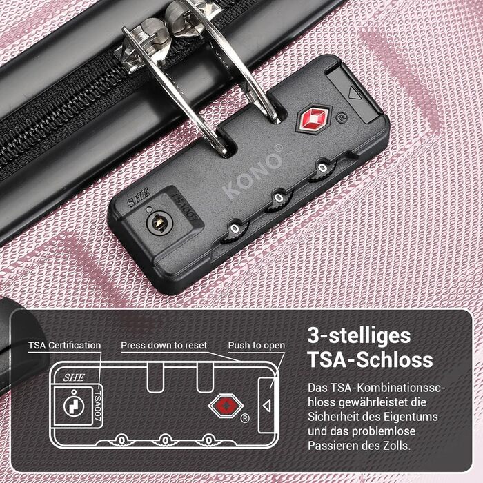 KONO Набір валіз 3 в 1: велика, середня, маленька. ABS, рожевий, з TSA замком та колесами