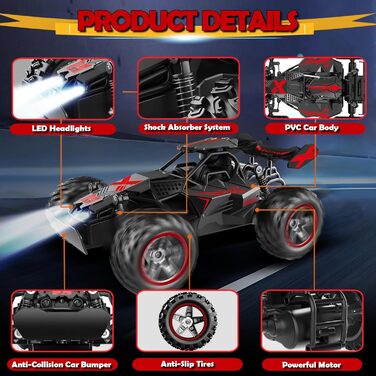 Радіокерований позашляховик 2.4GHz, LED підсвічування, швидкість 15+ км/год, іграшка для хлопчиків, чорно-червоний