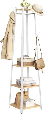 Стійка для одягу VASAGLE з 8 гачками, 4 полицями та вішалкою, металевий каркас, для шалей, курток, сумок, для прихожого, золотий дуб + білий, LCR080W09