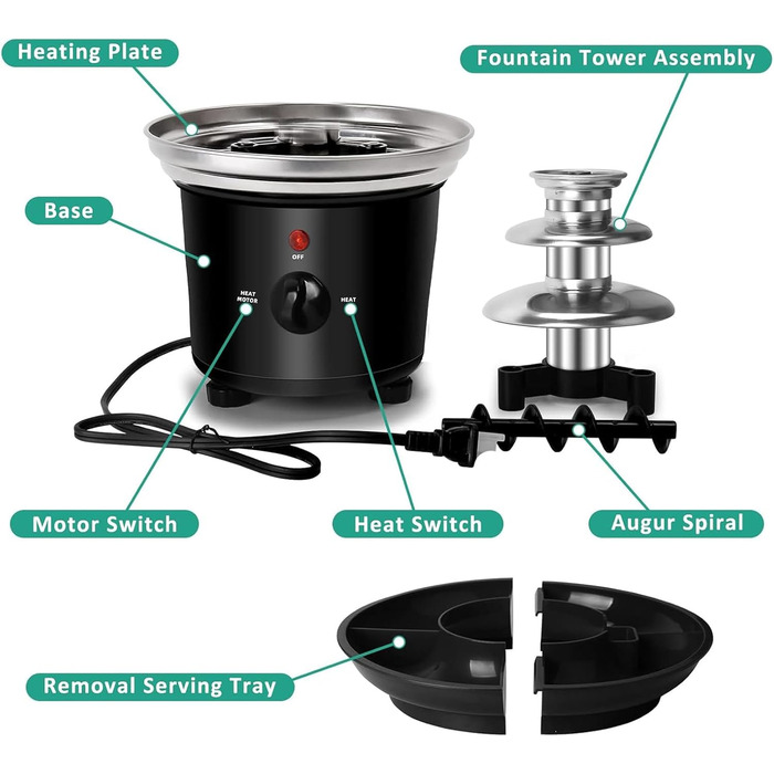 Електричний шоколадний фонтан на 3 яруси з нержавіючої сталі з функцією плавлення, піднос для закусок та 6 виделок. Фонтан для шоколаду та сиру. Набір для фондю