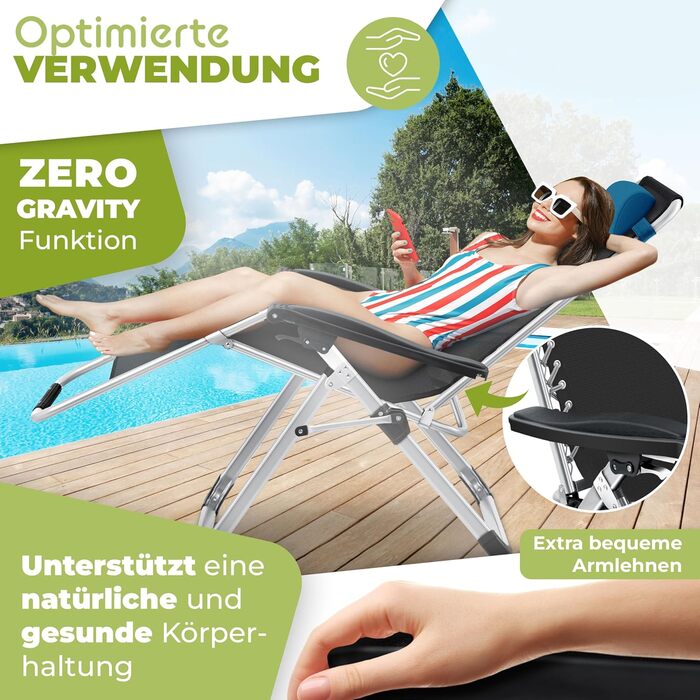 Крісло-шезлонг KESSER® для саду, розкладне, водостійке, 200 кг, широке, з регульованою спинкою, з подушкою та підстаканником (темно-синій)