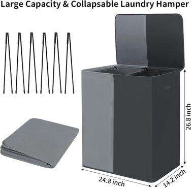 WOWLIVE Подвійний кошик для білизни з кришкою, великий, складний, 2 секції з ручками, сірий+чорний (154л)
