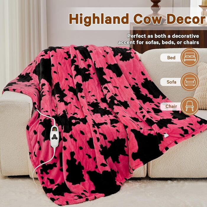 Електрична гріюча ковдра з принтом корови, повний розмір, 183 x 213 см, фіолетова, 10 режимів нагріву, автовимкнення через 8 годин, декор з гірської породи худоби, фліс, шерпа, тепла