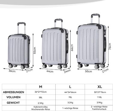 Валіза BEIBYE Twin Wheels Hardcase, XL-L-M, 14 кольорів, сріблястий, ручна поклажа (55см)