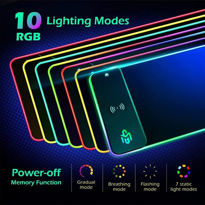 Ігрова мишка pad RGB з LED підсвічуванням та бездротовою зарядкою Qi 15W, чорний. Підходить для геймінгу, офісу та дому. Вологостійкий, з антиковзаючою поверхнею.