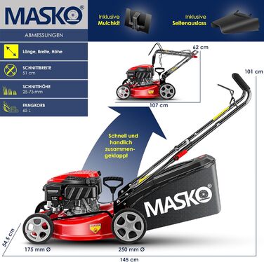 Бензинова газонокосилка MASKO® 5в1 | Ширина косіння 51 см | 8 положень висоти стрижки | 4-тактний OHV двигун 6.0 PS | Об'єм кошика 65 літрів | З набором для мульчування, бічний викид | Червоний / Чорний