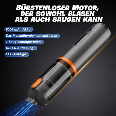 Акумуляторний ручний пилосос для авто та дому 4-в-1, безщітковий мотор, потужність 26000Па, 3 режими всмоктування, з підсвіткою (Помаранчевий)