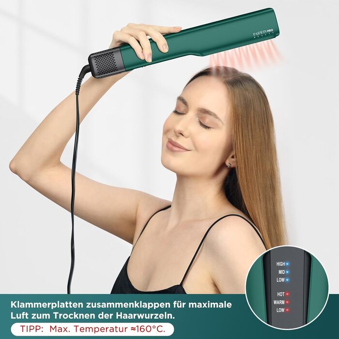 Випрямляч для волосся PARWIN PRO BEAUTY іонний, повітряний, для середнього та довгого волосся (35-75 см), 1200 Вт, темно-зелений