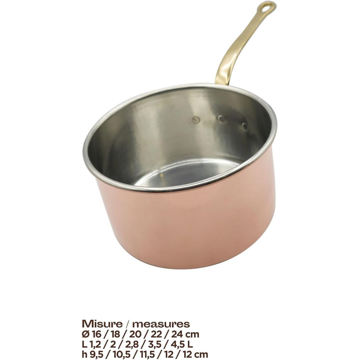 CREARTISTIC Молочник з міді з покриттям, Ø 14 см, ручка з латуні, Made in Italy, ручна робота