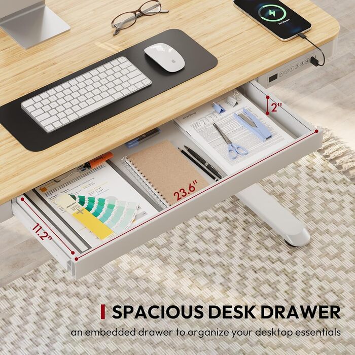 Електричний регульований стіл Sanodesk з ящиком, сенсорним керуванням та USB-портами, 120 x 60 см, білий стіл та рама, білий + білий (Ahorn + білий, 120 x 60 x (73.5-118) см)