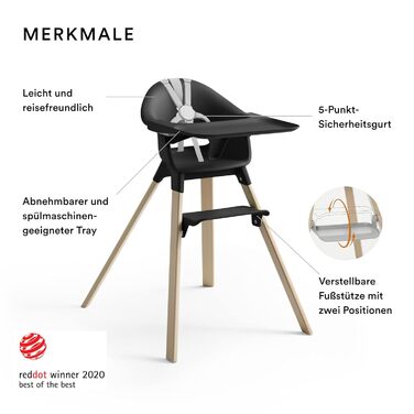 Дитячий стільчик Stokke Clikk Black Natural з підносом та ременем безпеки - ергономічний, регульований, для дітей 6-36 місяців (до 15 кг)