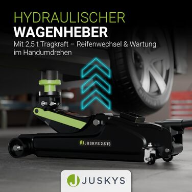 Підйомник гідравлічний Juskys 2.5 т, сталевий, 85-390 мм, з кейсом, гумовими накладками та аксесуарами - Чорно-зелений