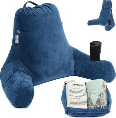 Storrejoy Велике крісло-лежак для читання з підголовником, кишенями та тримачем для книги/планшета (антрацит, блакитний)