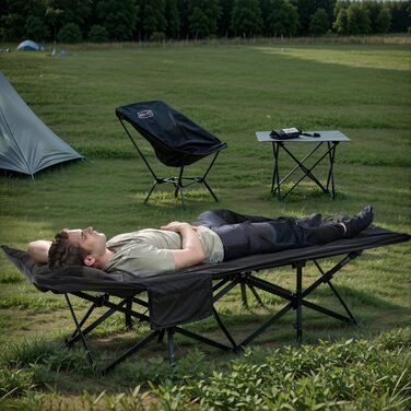 Розкладне кемпінгове ліжко OVERMONT з матрацом, 190x70x40 см, витримує до 250 кг, тканина Оксфорд, з кишенею та сумкою для перенесення, чорне