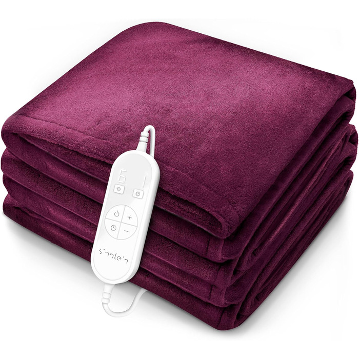 Електрична грілка з плюшу 200x180 см, сертифікат TÜV SÜD GS | З таймером, 9 температурних режимів, відключенням, цифровим дисплеєм, пральна до 40°C, бордовий колір