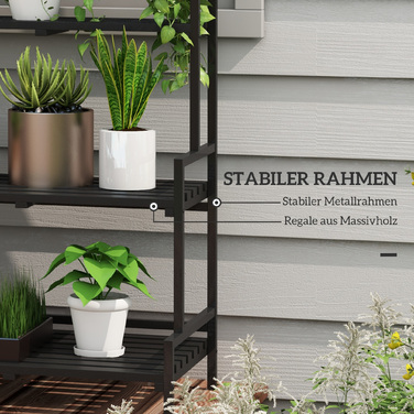 Outsunny Plant Stand Підставка для квітів з 3 ярусами та 6 гачками, сталеві сходи для рослин у чорному кольорі, 110x50x170см для саду та балкона