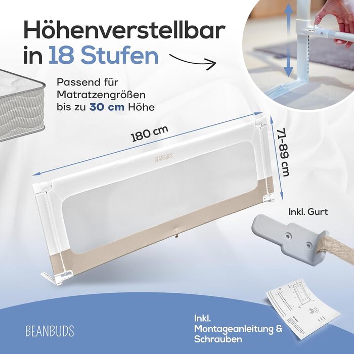 Захисний бортик для ліжка BEANBUDS® 180 см бежевий - бортик на ламелі та для бокспрінг ліжка, захист від випадання для малюка та дитини, з ременями кріплення