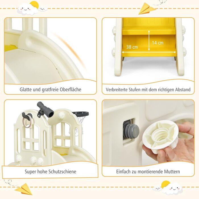 Дитячий ігровий комплекс COSTWAY 6-в-1: гірка, драбинка, баскетбольне кільце, кільця для кидання, тунель, телескоп. Для дітей від 3 років, жовтий.