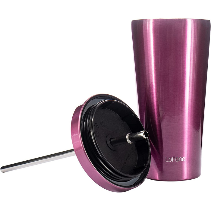 Ізольована Термальна чашка з соломкою, Термальна чашка об'ємом 500 мл з подвійними стінками, кавова чашка з нержавіючої сталі для крижаних або гарячих напоїв (фіолетового кольору)