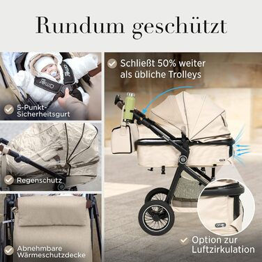 Дитяча коляска 3 в 1 з автокріслом та люлькою | Коляска для новонароджених з 5-точковим ременем безпеки, світло-оливкового кольору, без Isofix