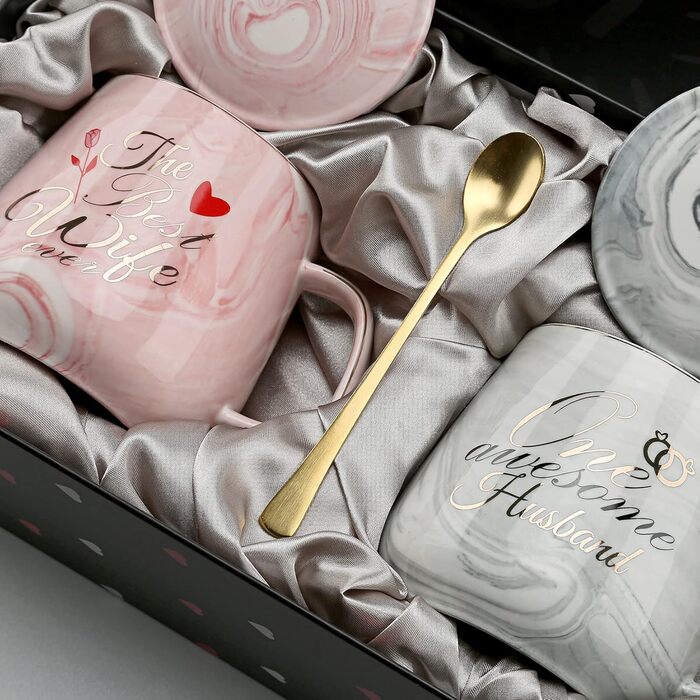 Набір кавових чашок для пари: подарунок на весілля, заручини, для наречених, 370 мл, кераміка-мрамор, овальні