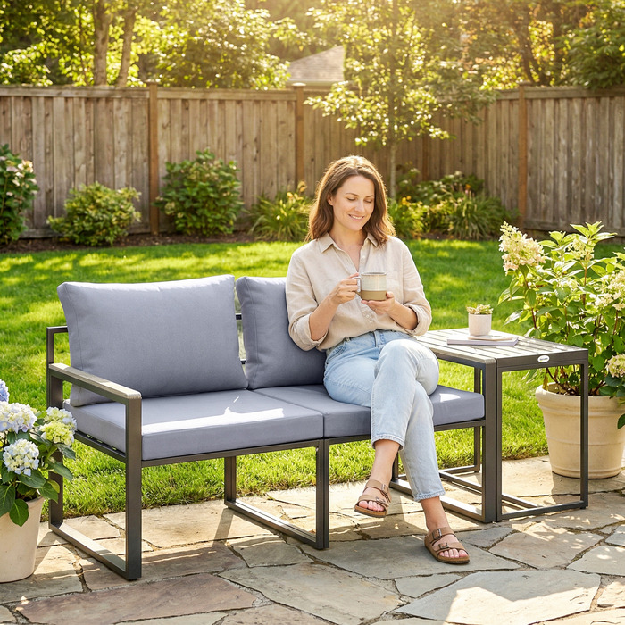 Набір садових меблів на балкон (3 шт.): 2 крісла з відкидним столиком, знімні подушки для сидіння та спинки, дихаючий матеріал, сірий колір.