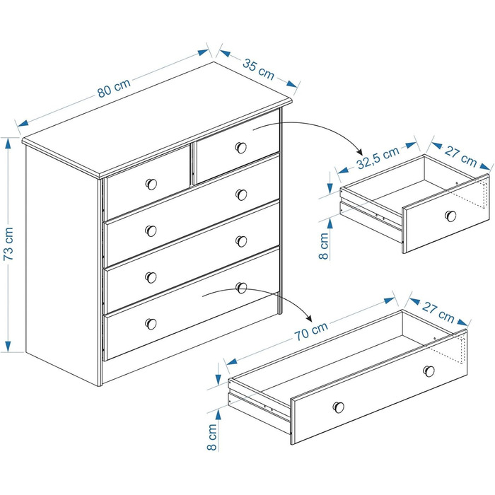 Комод Rondo, Credenza з 5 шухлядами, сервант з масиву сосни, дерев'яні ручки (натуральні)