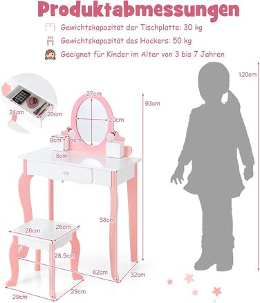 Набір дитячих туалетних столиків COSTWAY з табуреткою, дзеркалом, шухлядою та тримачем для ручок, для дітей 3-7 років (білий)