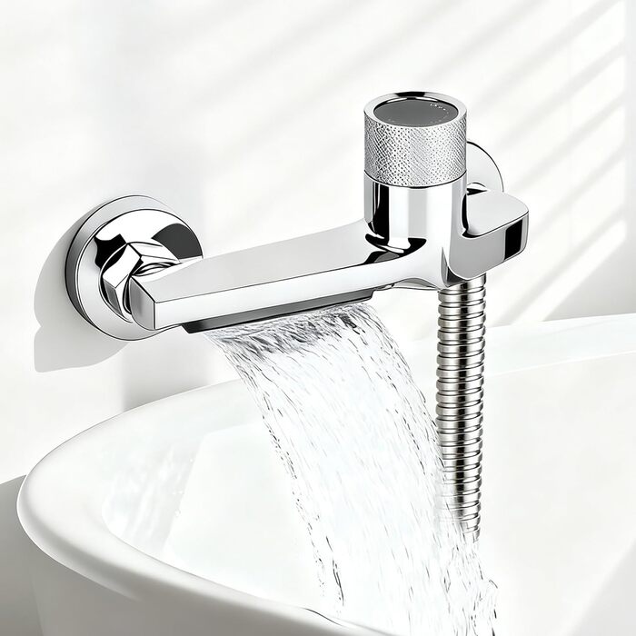 Змішувач для ванни з термостатом та двома виходами, душова лійка з запобіжним клапаном, настінний для ванни та душу, хром