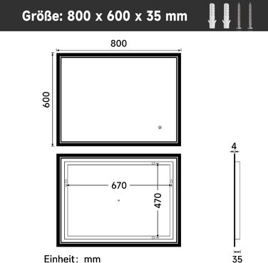 Дзеркало для ванної кімнати Badspiegel 80x60 з підсвічуванням та антизапарюванням LED, 3 колірні температури, IP44, настінне