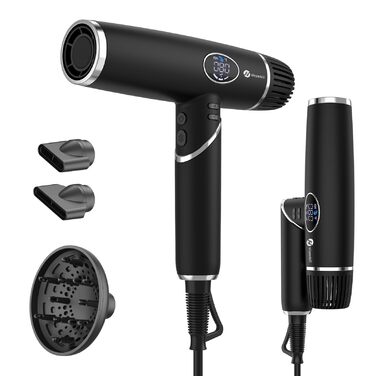 Фен для волосся Slopehill 2000W з іонізацією, безщітковим двигуном 110 000 об/хв, LCD-дисплеєм та 3 дифузорами, складаний, чорний