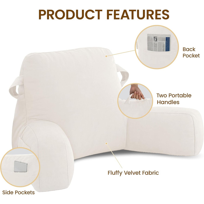 Подушка для відпочинку в ліжку Unisakey з підлокотниками, спинна подушка для читання та відпочинку, знімний, пральний чохол, бежевий