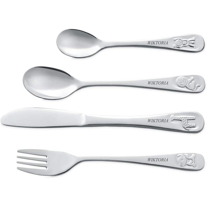 Набір дитячого столового прибору Maverton Kinderbesteck з гравіюванням та дерев'яною коробкою з малюнком тварин - з нержавіючої сталі, коричневий - подарунок для дівчинки на день народження, хрещення, народження - різдвяні подарунки - плюшевий ведмедик